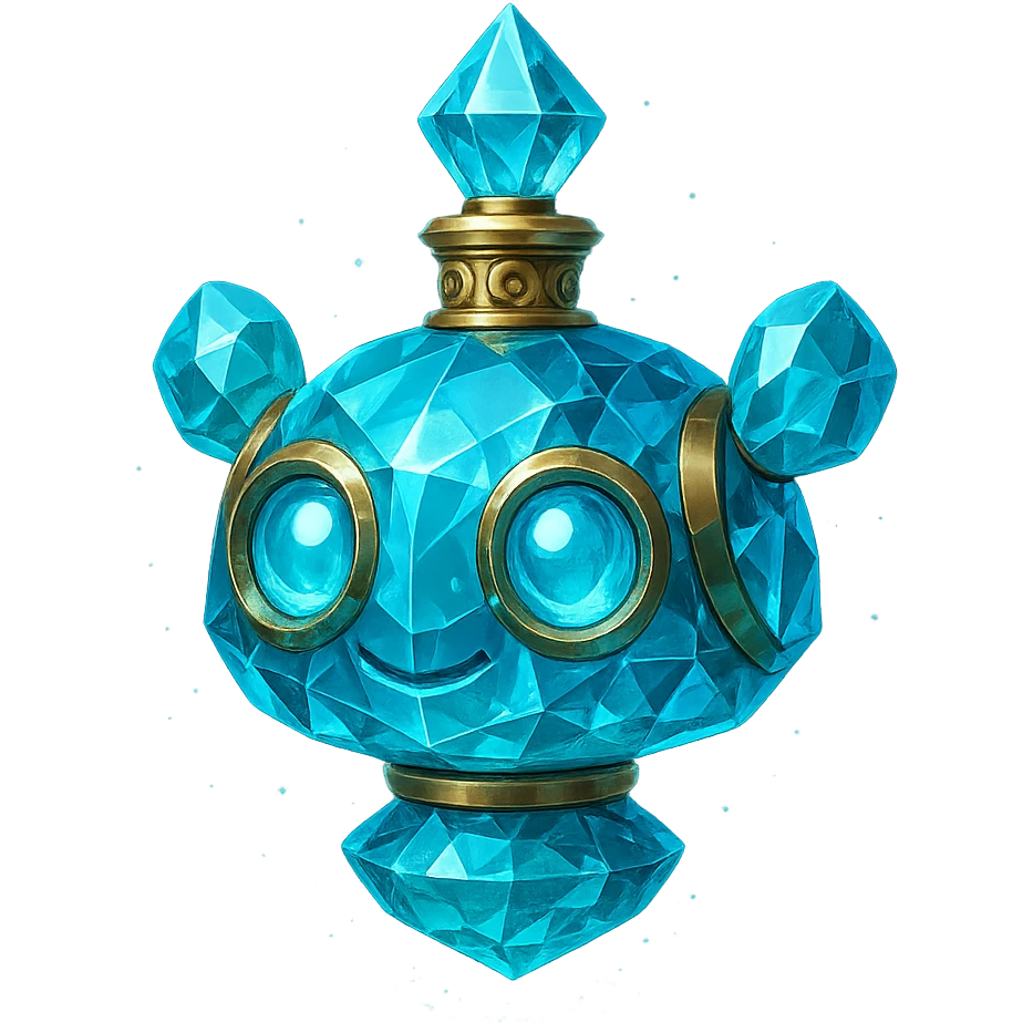crystal luxurious elixir bottle shaped like a cute robot head, cyan color, lots of glowing, facets, ornaments, golden details, magical effects, very small golden neck, transparent background, beautiful merging base, clearly floating in air, no ground or shadow, very luxurious, friendly, playful, fits in a collection emoji