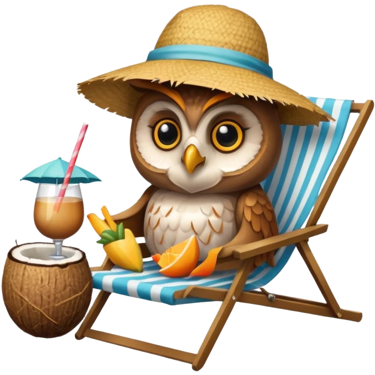 Сова в шезлонге с кокосом, загорает под пальмой, шляпа на голове emoji