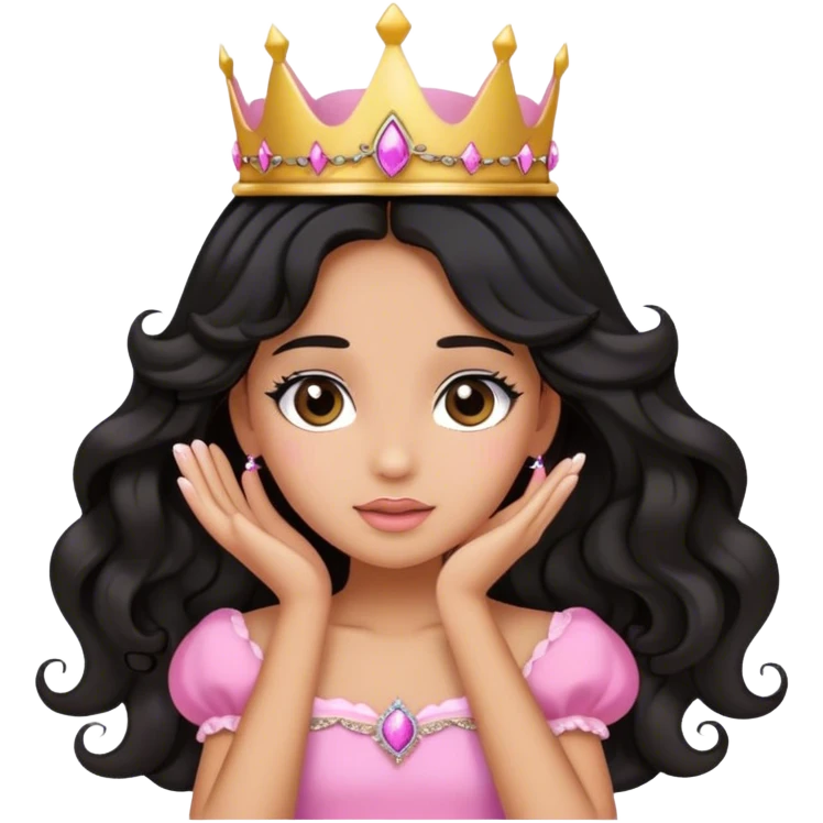 Very very very tanned skin princess, with long black wavy hair and crown and an pink princess outfit with a cute pose with hands on her face emoji