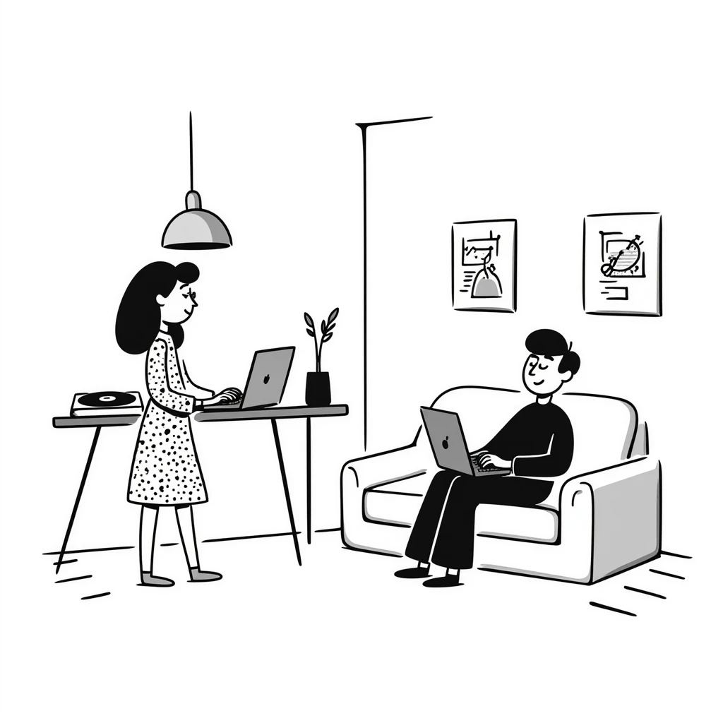 A mid-century modern living room with two people working on laptops — a woman standing working on the laptop and a man sitting on a couch with a laptop. The room has visible floor and two walls forming a corner, large window, modern pendant lamp, turntable, vinyl record stand, retro posters emoji