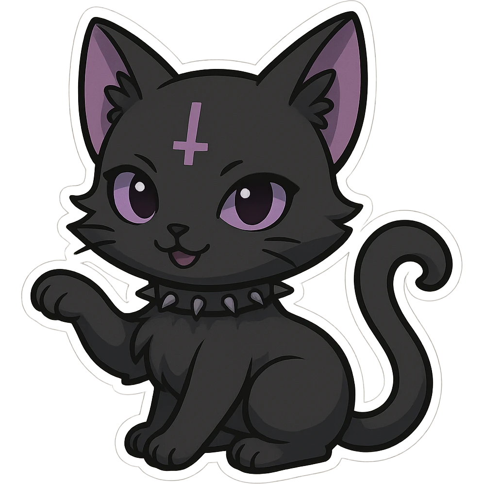 gothic chibi sticker, black and purple cat, adorable and playful, chibi style emoji
