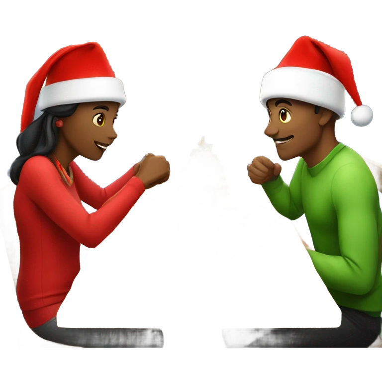emoji Sports couple , a man and a woman in sportswear, sitting at the Christmas dinner table with a red Christmas hat emoji