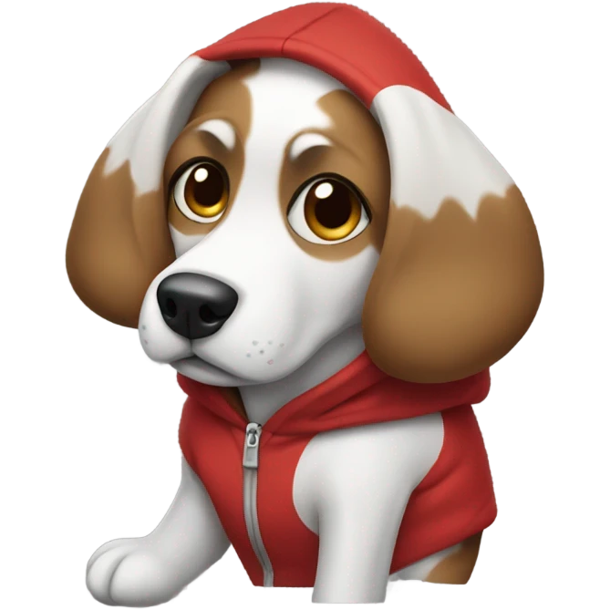 Dog wearing a hoodie with the colors black, white and red emoji