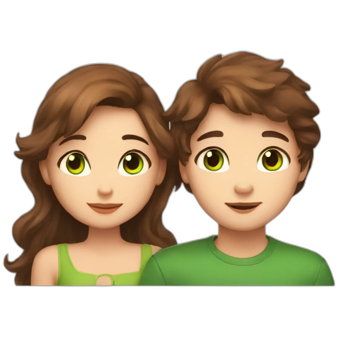 Girl with brown eyes and brown hair kisses boy with brown hair and green eyes and hugs brown fat cats emoji
