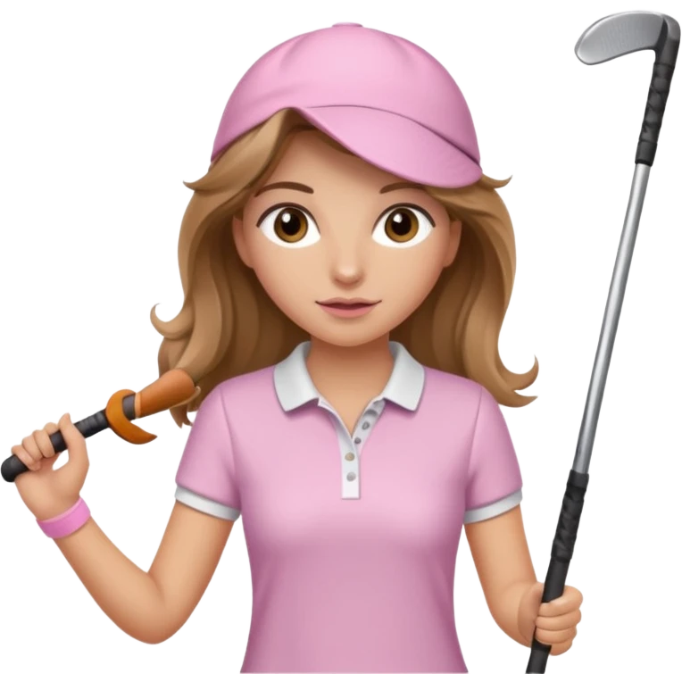 girl with long bronde hair and brown eyes wearing light pink and is swinging a golf club  emoji