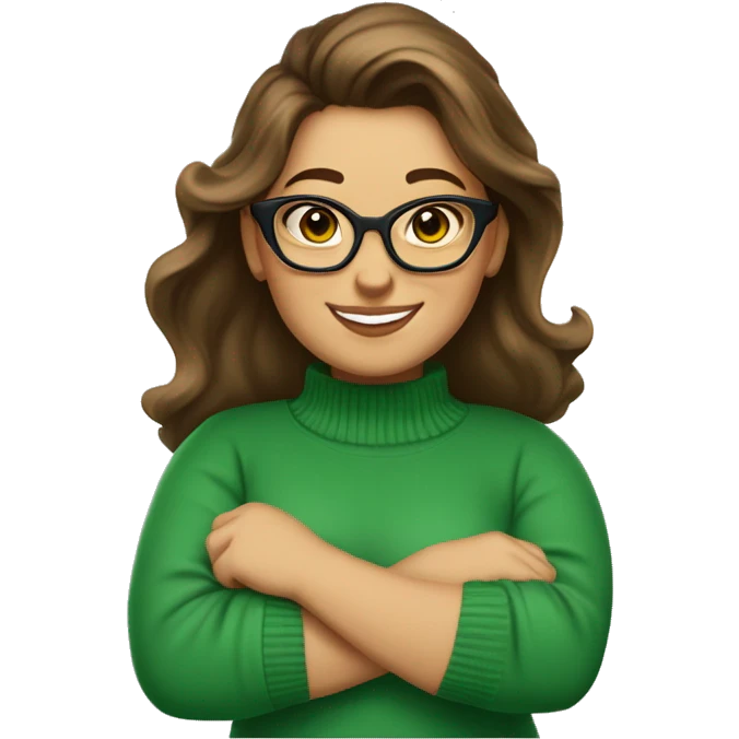 long wavey brunet hair, ponytail, Caucasian woman, fat, cat eye glasses, smiling, wearing a green sweater, transparent background emoji