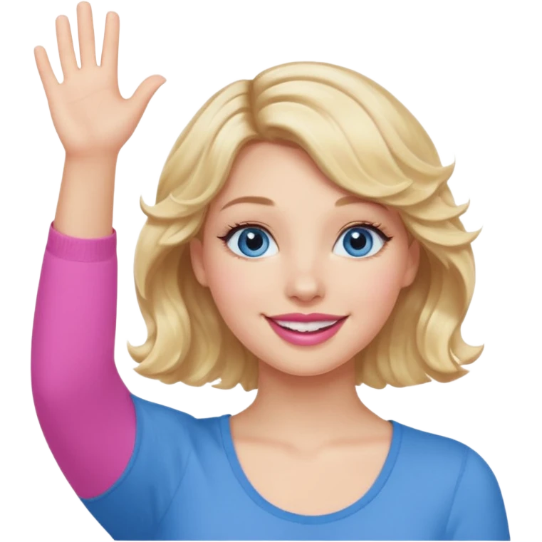 Girl Blonde short wavy hair,  blue eyes, cute blue top, long lashes, pink lips, smiling, hand in the air emoji