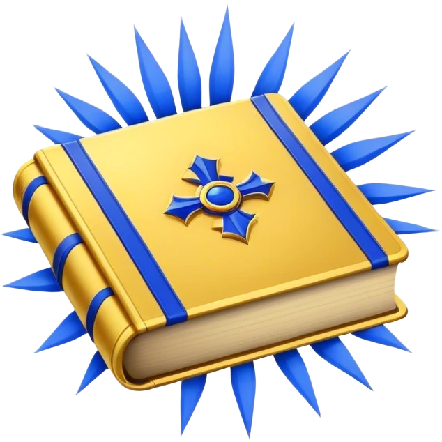 A golden yellow book with royal blue accents, smooth and polished, embossed with a symbol of six pillars, a sun, or a glowing mirror, radiating strength, confidence, and the power of self-worth.  emoji