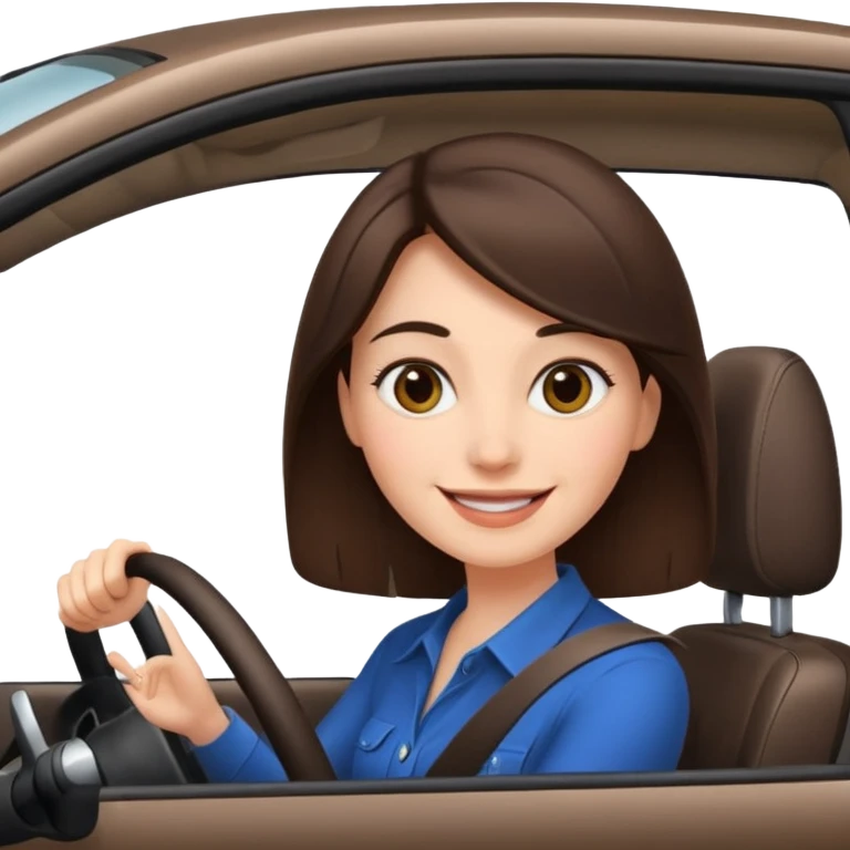 Brunette woman driving car. Happy face confidence  emoji