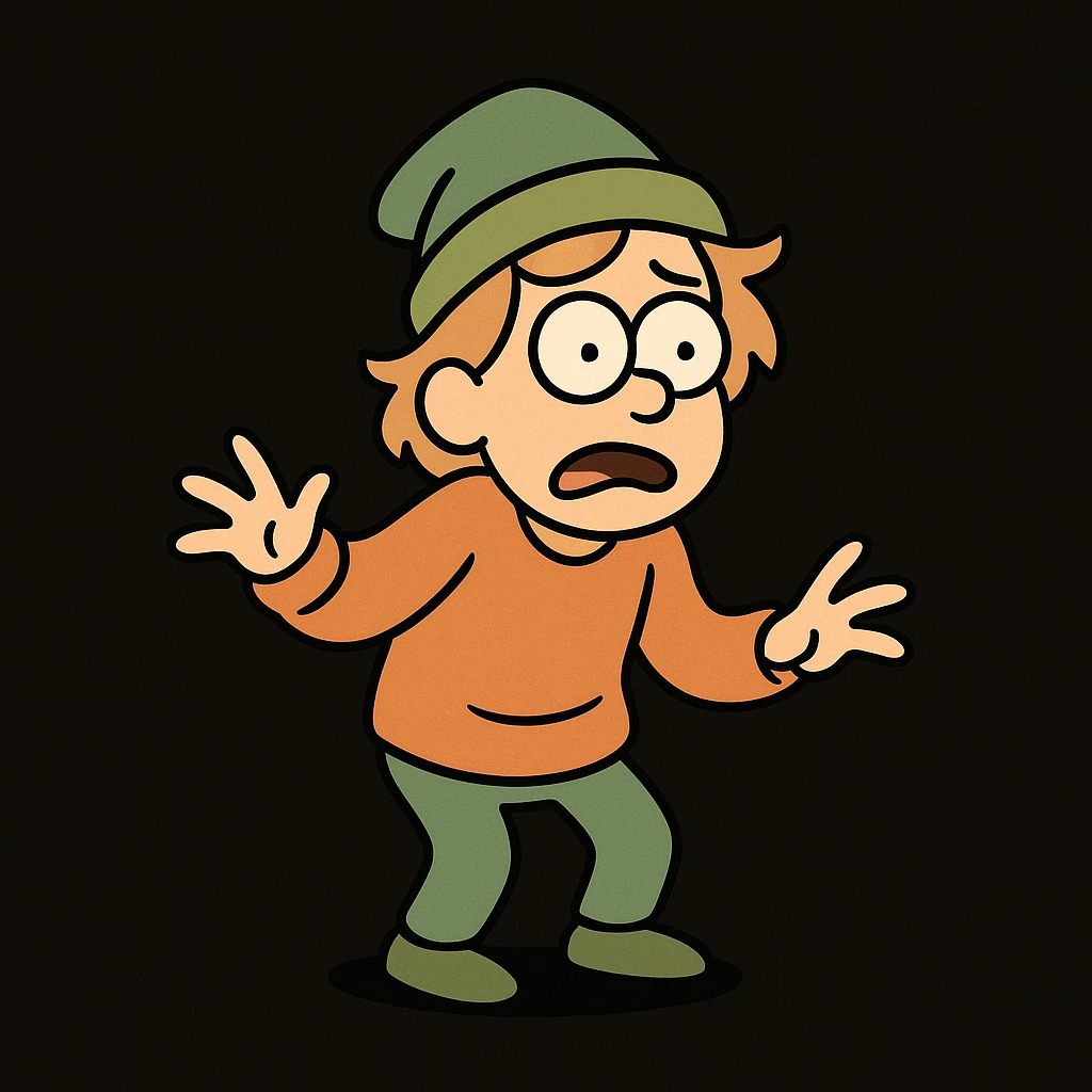 miniature of a person, green and orange colors, black background, cartoon style emoji