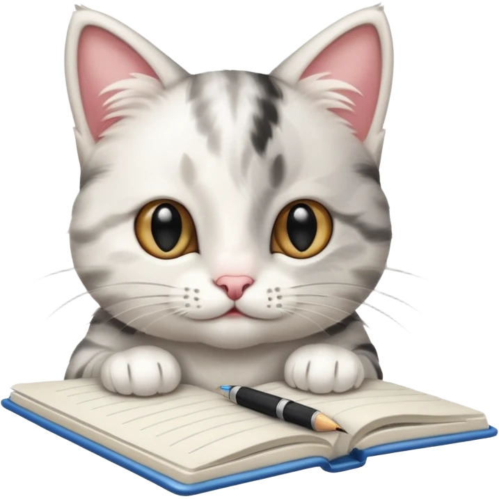 gatita feliz blanca con manchas negras atigradas viendo una libreta anillada  emoji