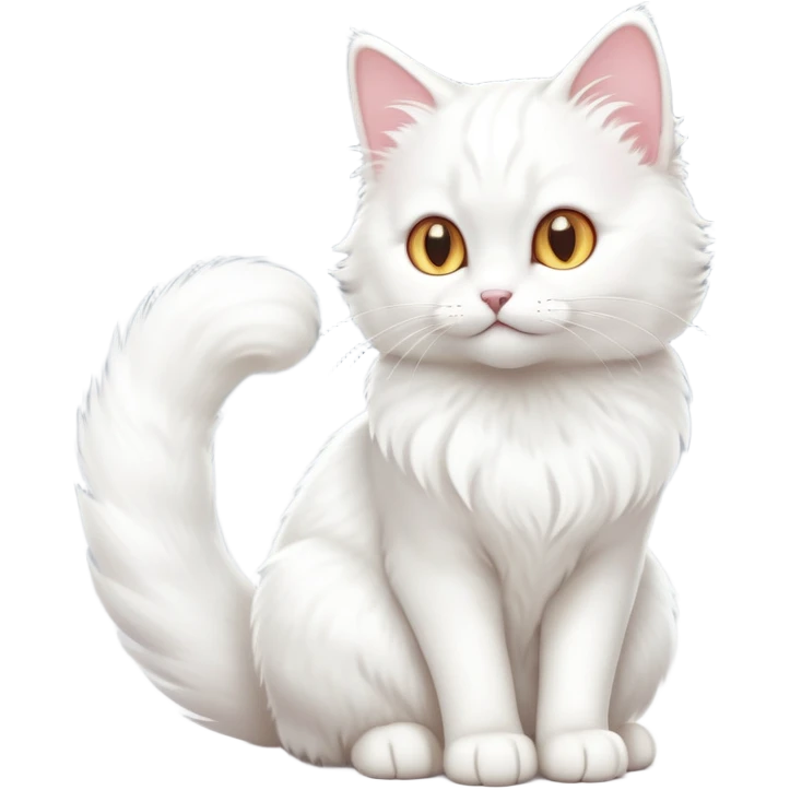 cinematic-[white cat]-realistic-full-body-sitting-emoji,-tail-curled-playfully-around-its-paws,-head-tilted-dramatically,-fluffy-[white]-fur,-simplified-yet-realistic-focused-features,-highly-detailed,-glowing-with-an-almost-sarcastic-glow emoji