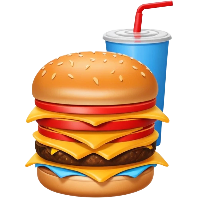 A clean and simple icon of fast food in emoji-style illustration. A burger with fries and a soda cup, bright and bold colors, simple shapes, flat design, high contrast, inviting and appetizing. emoji