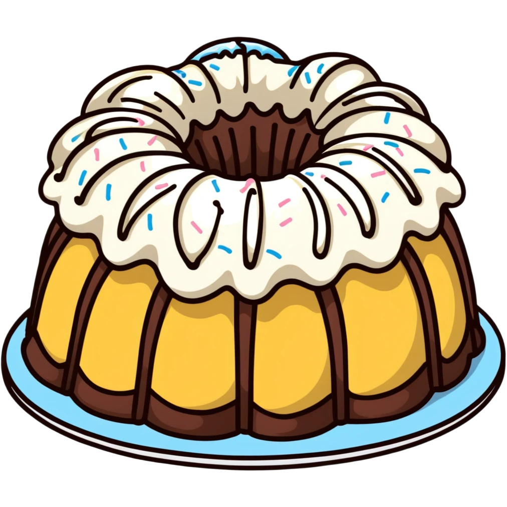vanilla bundt cake with chocolate frosting and white sprinkles emoji