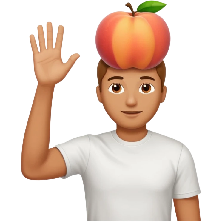 A large peach in front of a man waving emoji