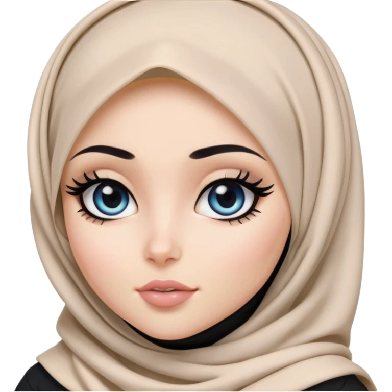 pretty bratz girl, hijabi, dark blue eyes, black eyeliner, pale skin, black clothes emoji