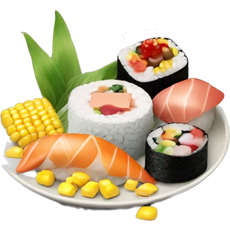 make a plate with sushi on it but there’s also a scoop of chocolate ice cream with corn in it emoji