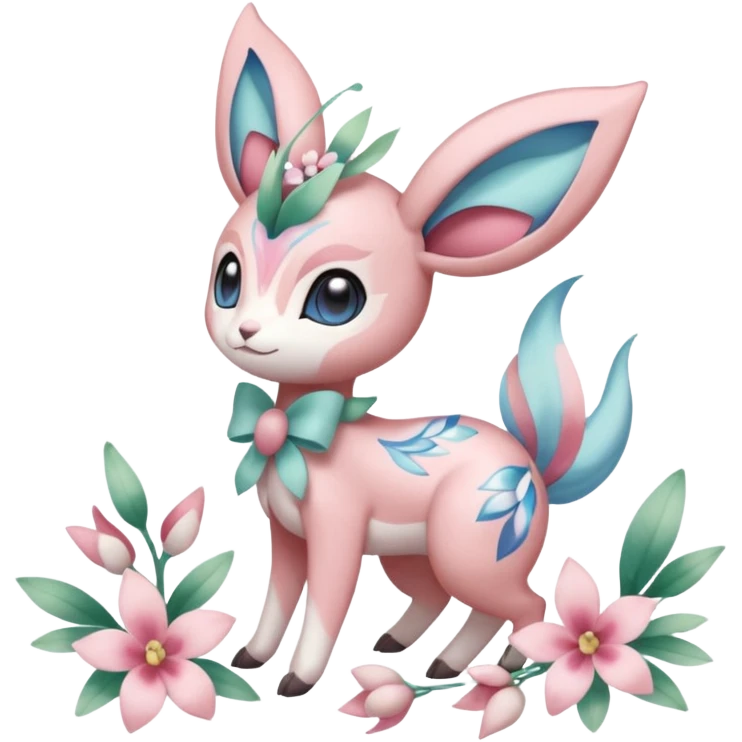 Cute Romantic Realistic  Floral Meloetta-Sylveon-Palkia-Cresselia-Digimon-Pokémon-Fakémon-hybrid-fusion, full body emoji