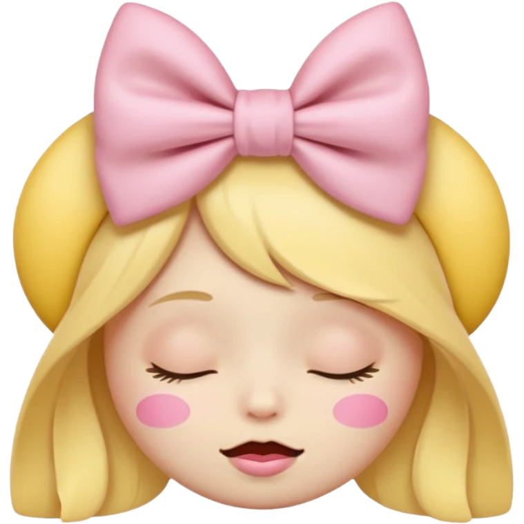 classic yellow laughing emoji with a very pretty pale pale pink bow no nose and closed eyes emoji