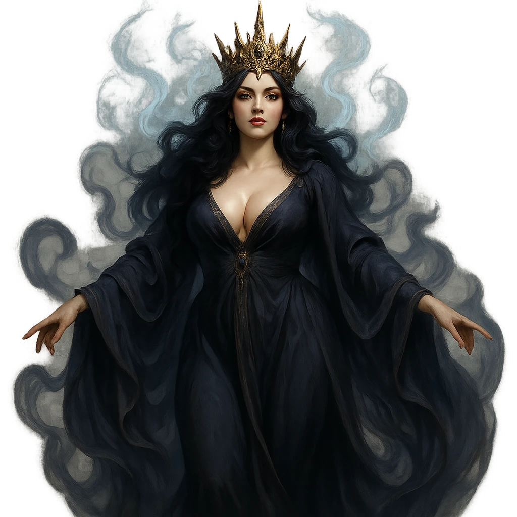 a stunning witch queen goddess, voluptuous, wearing a crown and flowing robes, mystical aura emoji