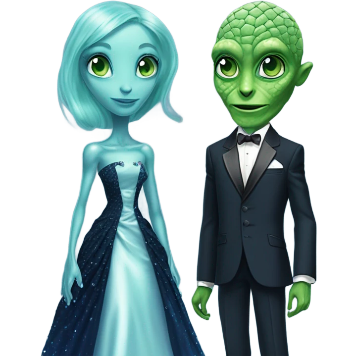 green reptilian alien woman, in long slim pastel blue formal party satin dress with gradient shiny sparkling navy blue diamonds embroidered , and caucasian man in black dress emoji