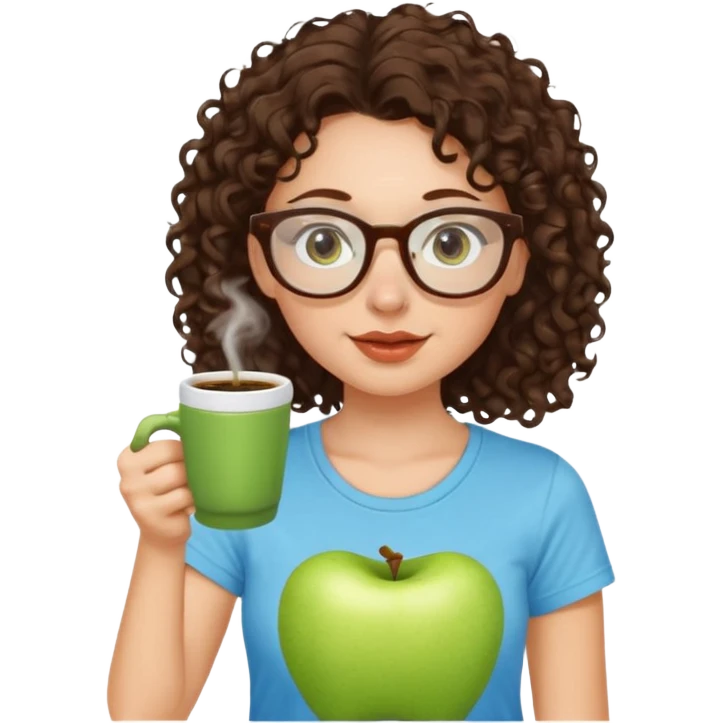 White girl with dark brown curly hair, brown eyes, sky blue glasses, nose ring, apple green t shirt, drinking coffee from a glass cup emoji