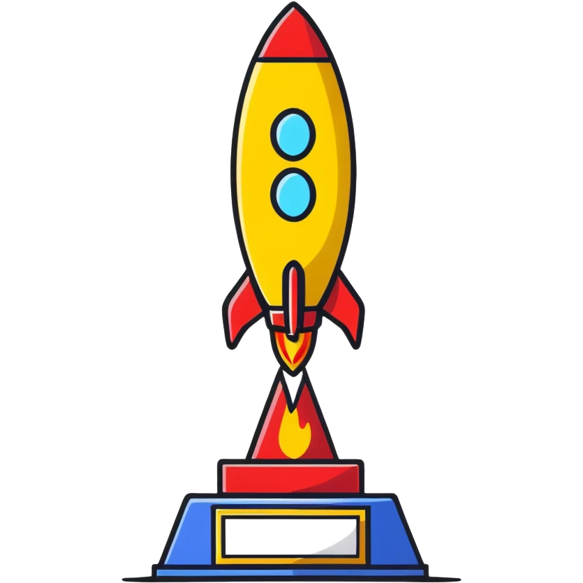 Golden rocket achievement award, shiny gold rocket on a trophy stand emoji