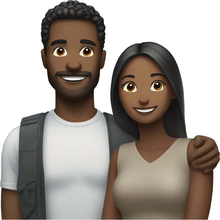 smiling couple under blue sky, the man has a black barb emoji