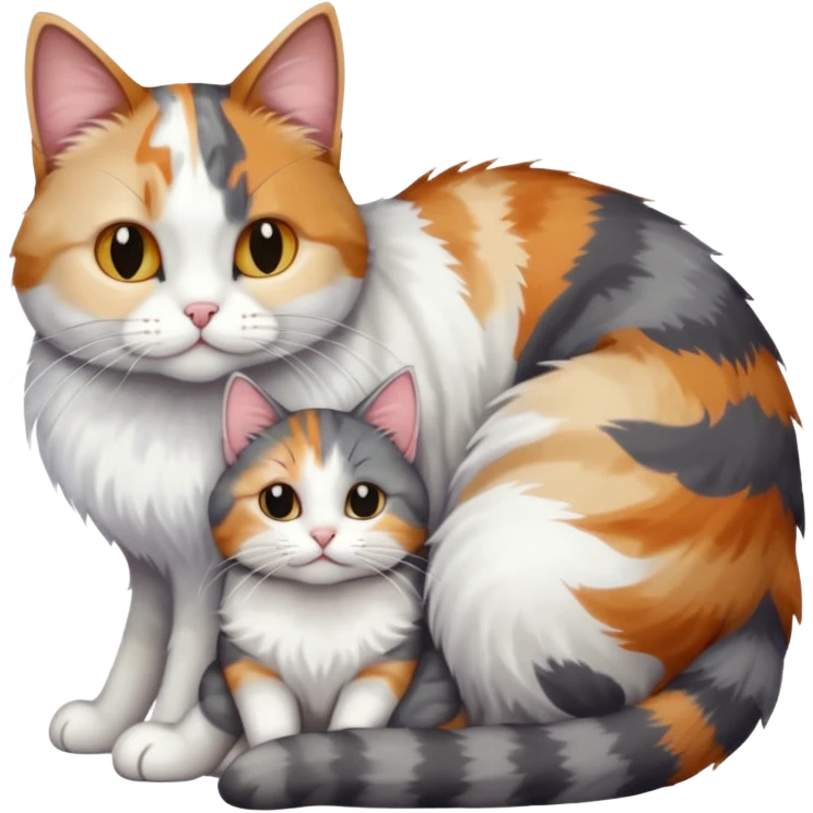 full body colourful light patched calico + white tabby cat cuddling a grey and white cat  emoji