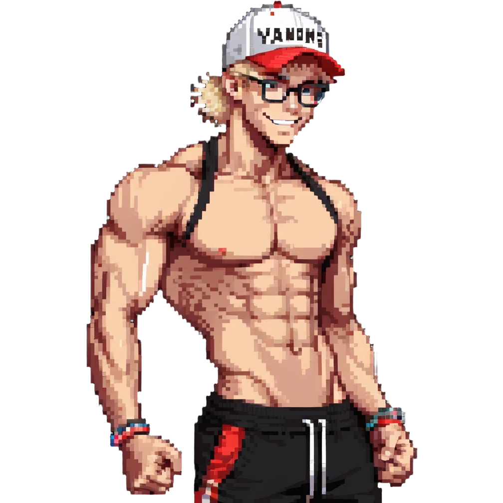 Skinny man with muscular definition, black and white cap with VANOMAS text, bare torso, red shorts, clear glasses, messy light blond hair, flexing muscles and smiling emoji