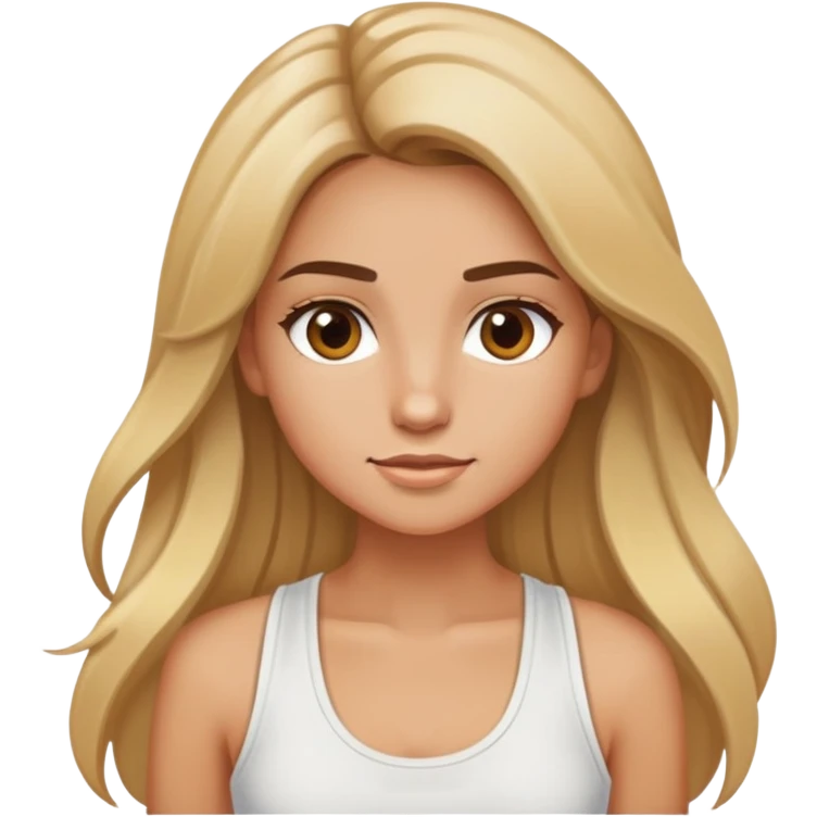 Realistic portrait of tan girl with long brown hair with blonde highlights wearing white tank top emoji