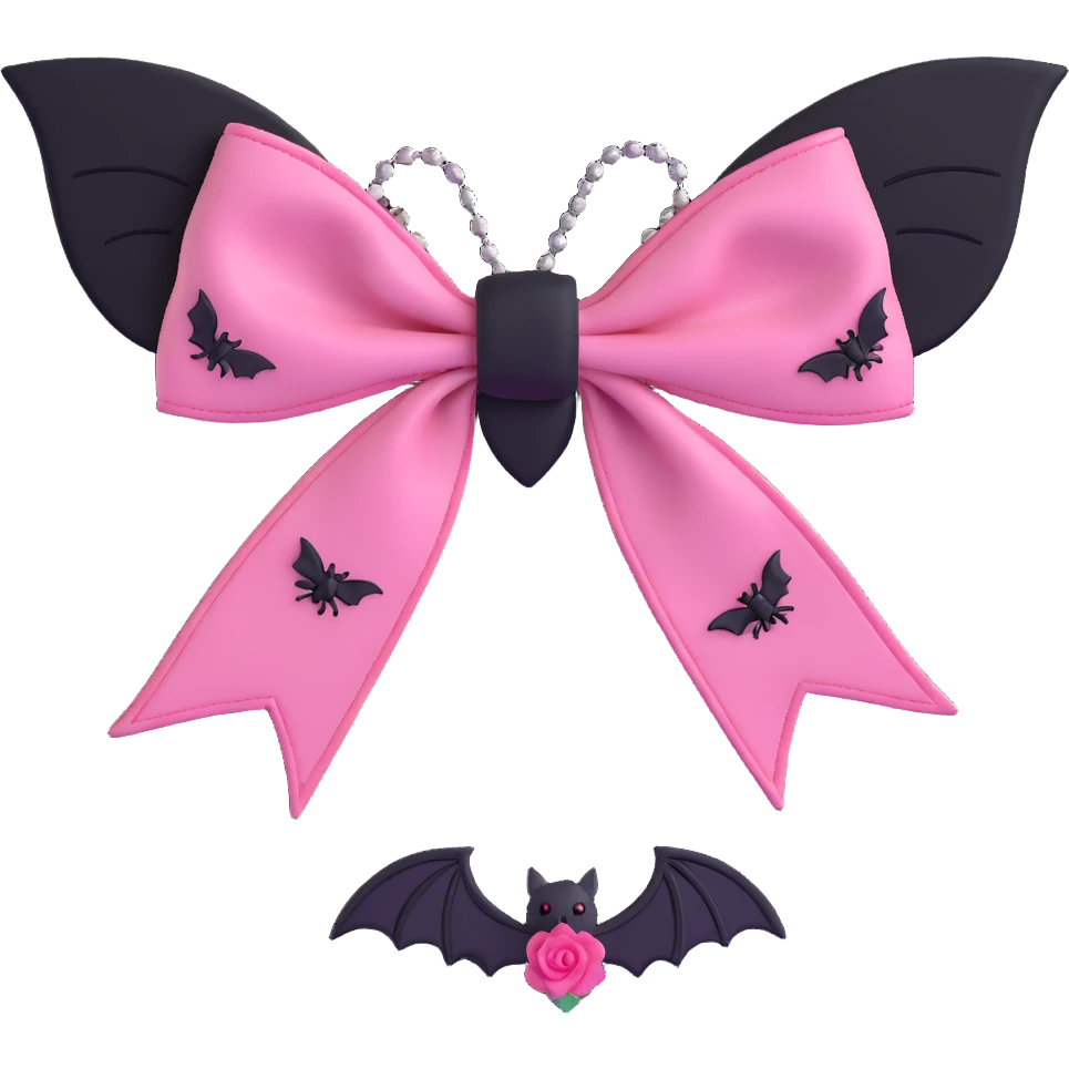 3D emoji style pink bow with gothic effect, dark rose embroidery, black velvet accents, and silver bat charm emoji