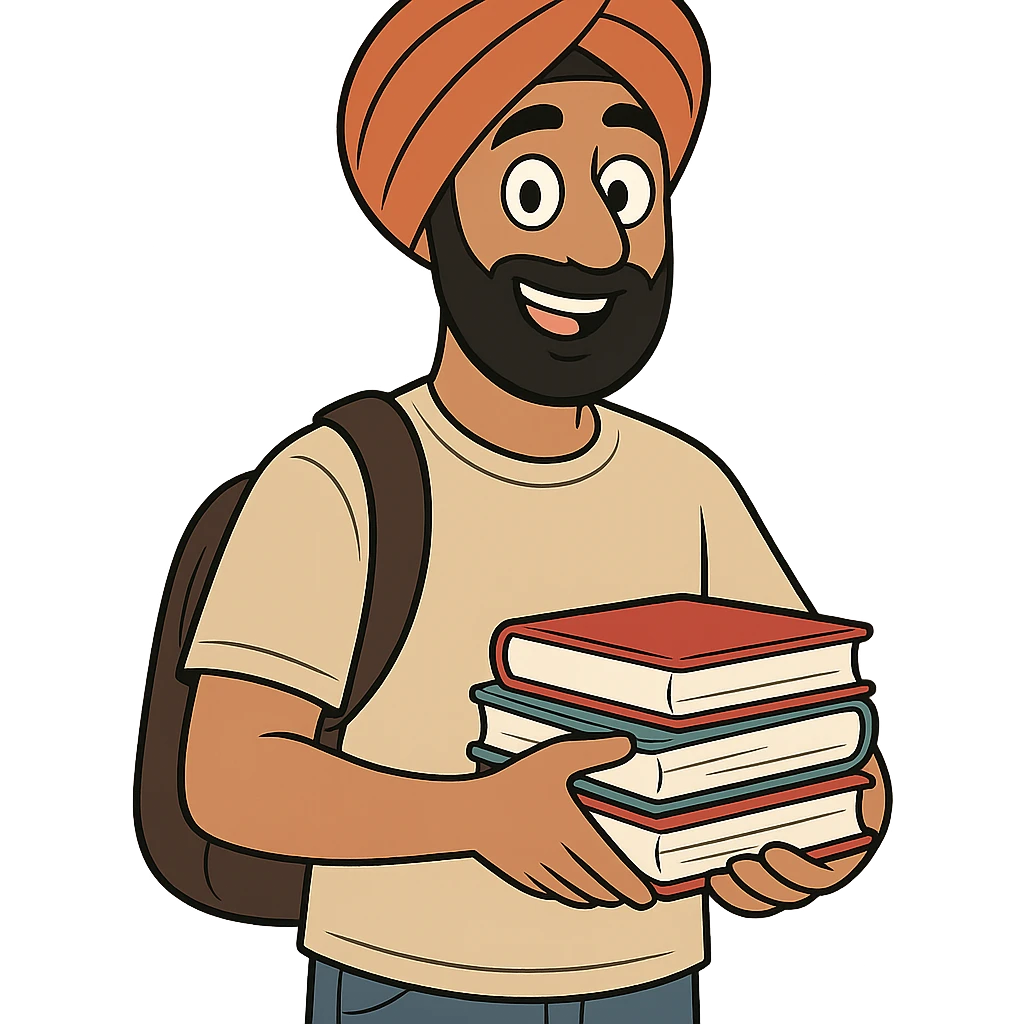 university sikh boy cartoon style wearing a turban casual student outfit holding books friendly expression emoji