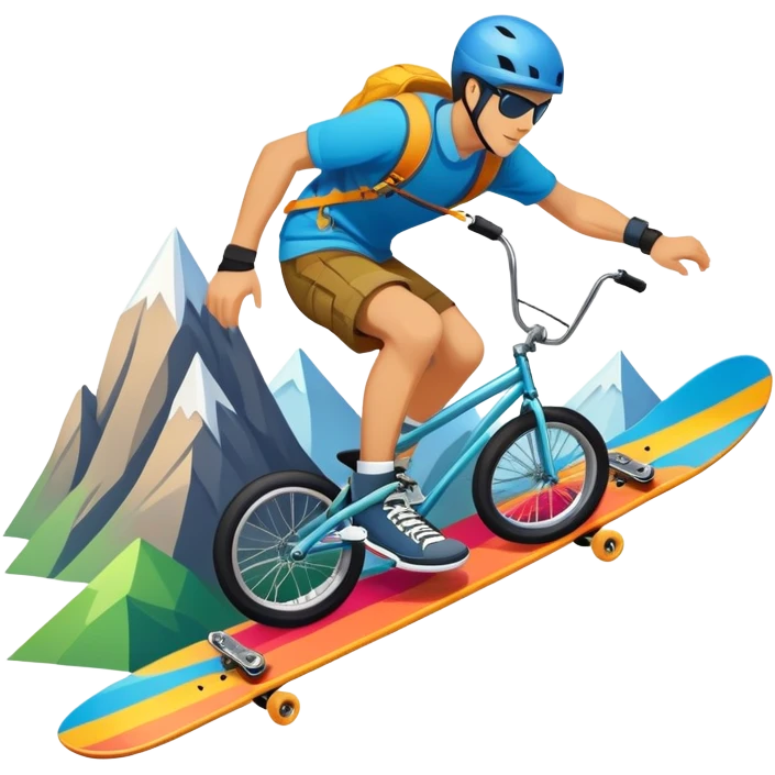 An emblem-style design representing extreme sports and lifestyle, featuring symbols of adventure such as a mountain, a skateboard, a kite, and a bike. The design is bold and dynamic, with sharp lines and energetic colors, capturing the essence of thrill, freedom, and adrenaline. emoji