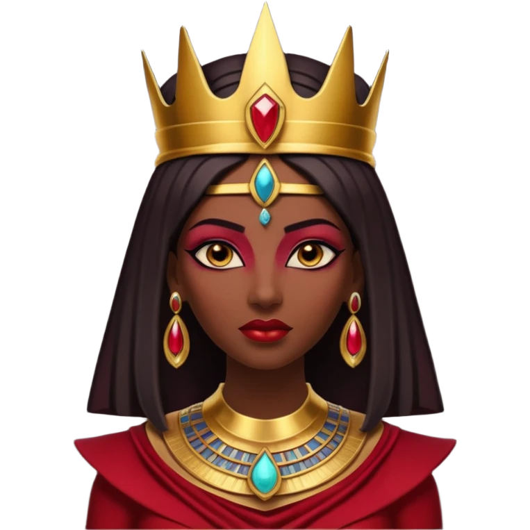 gothic ancient Egyptian queen portrait, head and shoulders only, deep red outfit, gold accents, Egyptian crown, bold makeup, dramatic lighting, 3D cartoon, mobile game icon style, clean background, no text, no watermark
 emoji