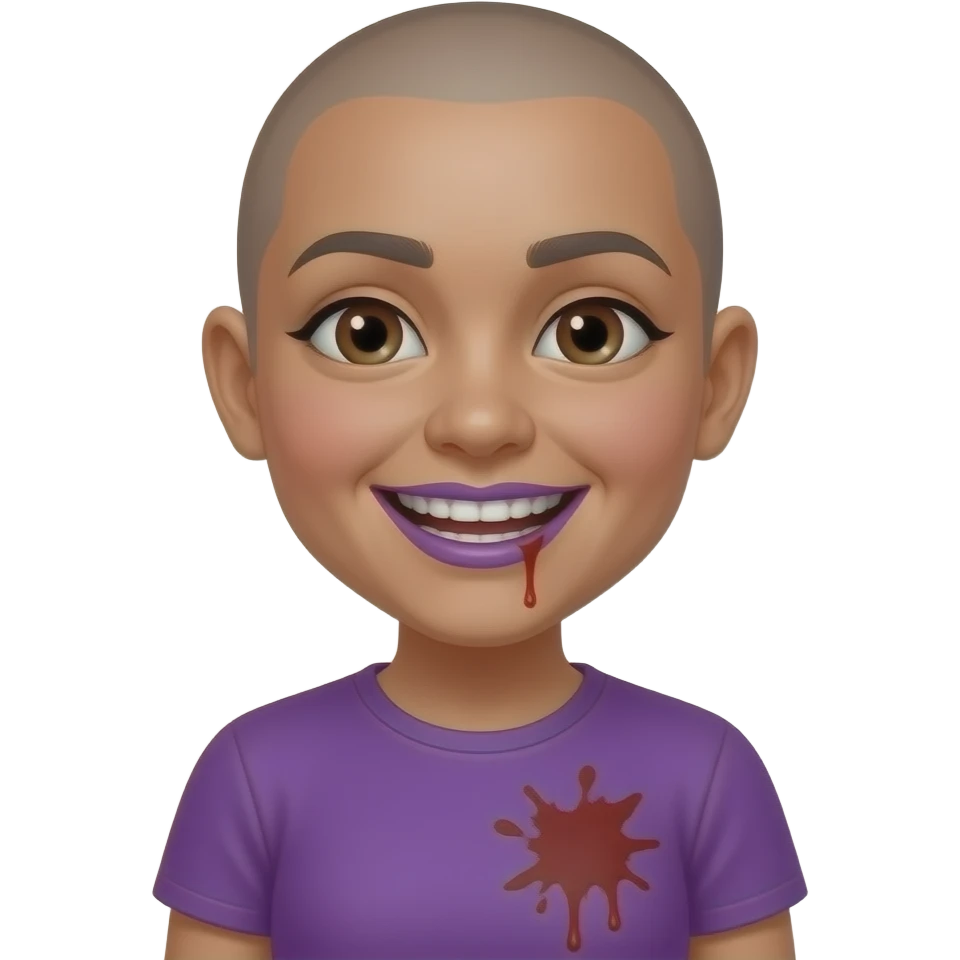 Mexican girl brown eyes whos bald snd and had a wide smile showing both sides of her teeth every single tooth purple shirt  push her hairline back give her purple lip gloss put blood stainds in her shirt emoji