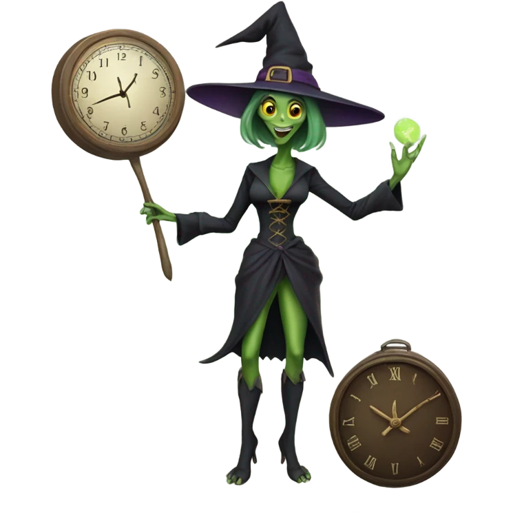 a Reptilian alien woman, as witch, holding holding a big clock, full body, happy emoji