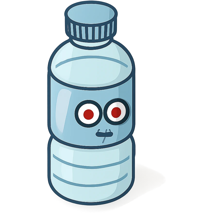 A water bottle with red eyes emoji
