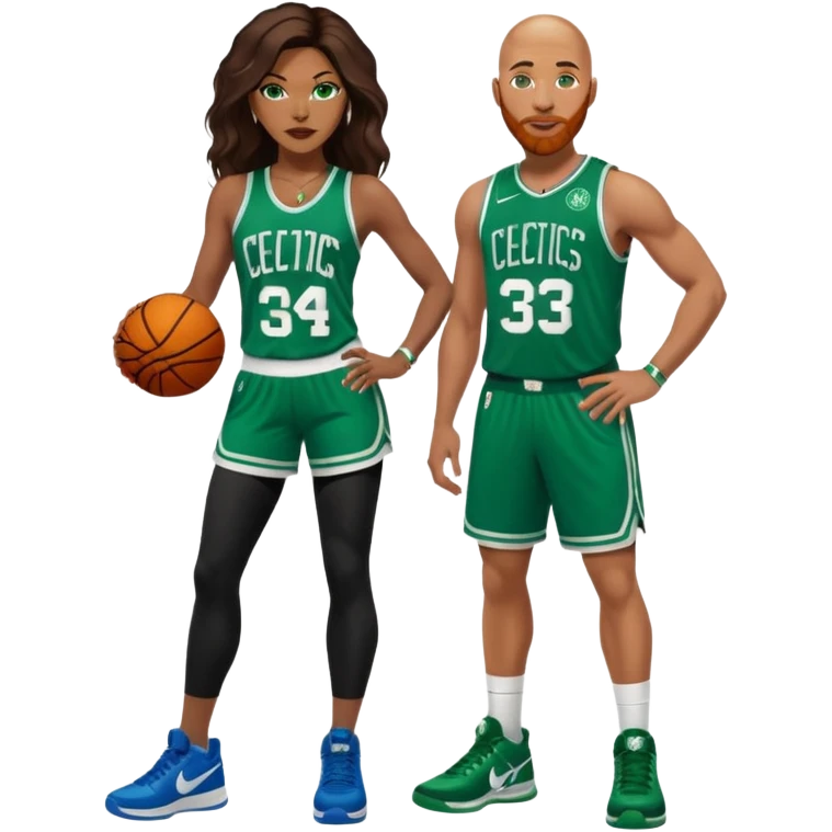 48-year-old black woman with brown eyes, long dark brown balayage hair dressed in sexy 
celtics jersey costume outfit & stilettos. Abald white man with ginger beard. he has blue eyes, wearing a Jason Tatum Boston Celtics Jersey, matching Nike sneakers  emoji