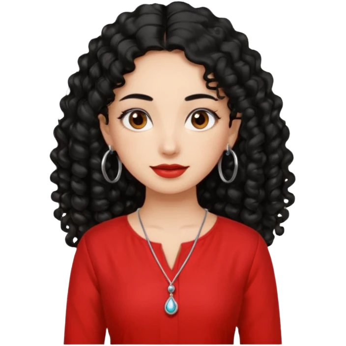 generate a pretty bratz girl with a red kurti, long black curly hair, hoops, emoji