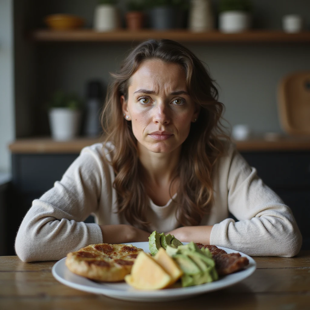 realistic woman with PCOS sitting at table with ketogenic plate (eggs, cheese, avocado, meat), puzzled or unconvinced expression, face with acne and facial hair, thinning hair, realistic environment, hyperrealistic 4K details emoji