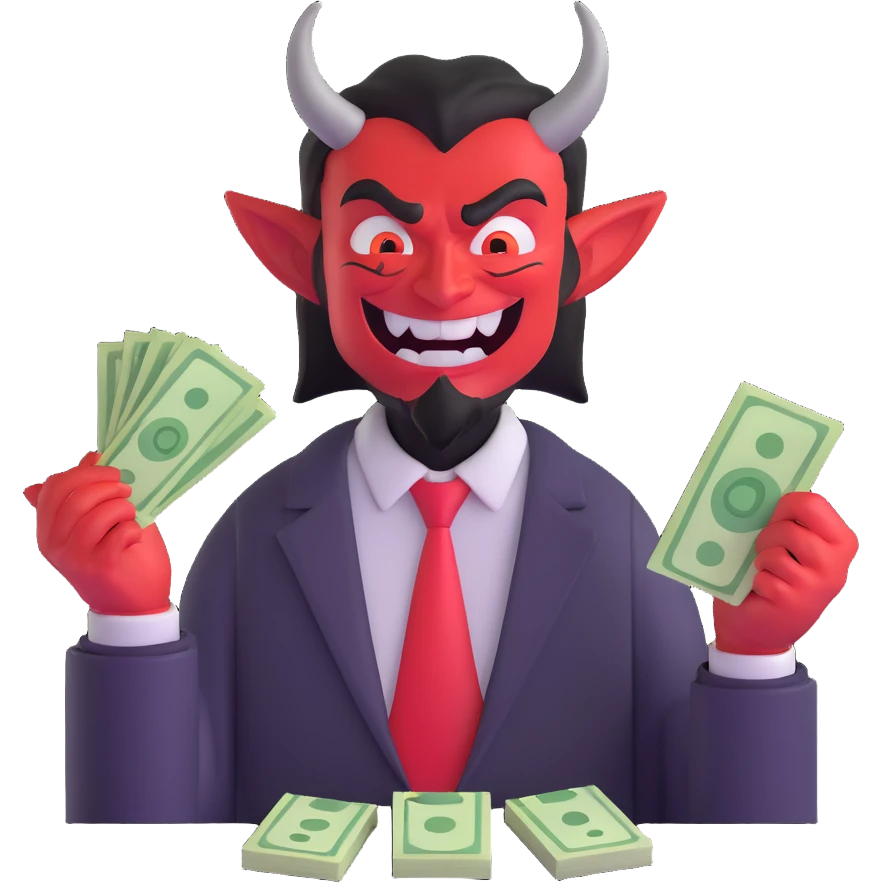 sinister demon salesman counting money with evil smile emoji