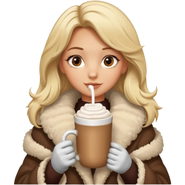 Tanned Girl with lashes , blonde hair, in an extremely big fluffy oversized coat and hold hot chocolate drink emoji