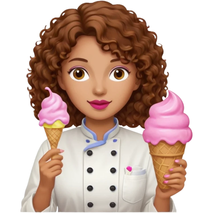 woman brown curly hair, chef, eating pink ice cream emoji