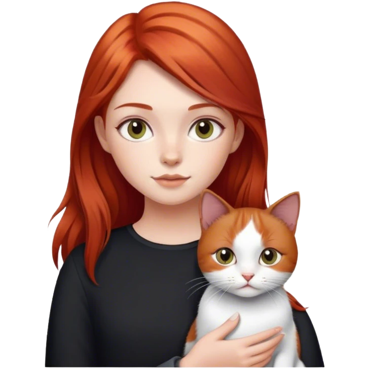 red haired girl with black and white cat emoji