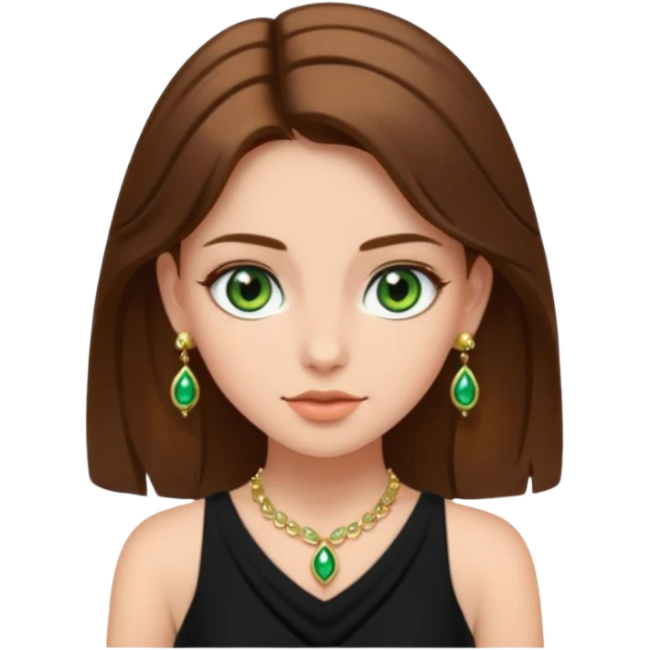 Μια κοπέλα καστανή με μαύρα ωραία ρουχα και σκουλαρίκια και κοσμήματα και βαμμένη ελαφρό και πράσινα μάτια τα κοσμήματα λίγα και χρυσα τα κοσμήματα να είναι λίγα και λεπτα και βαμμενοι emoji