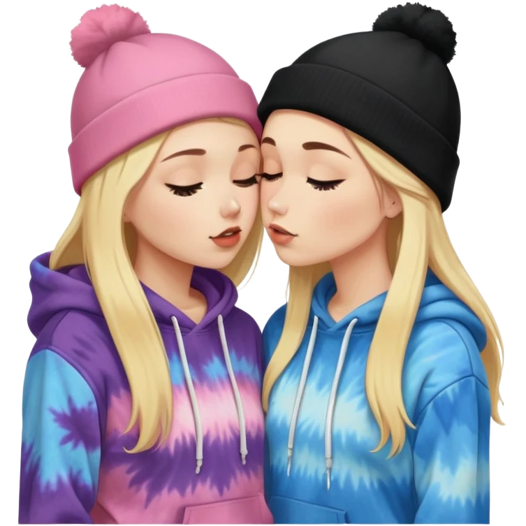Short brunette white girl in a hoodie and a black beanie kissing a tall blonde girl wearing a black beanie and a tiedye hoodie. make ther brunette shorter than the blonde emoji