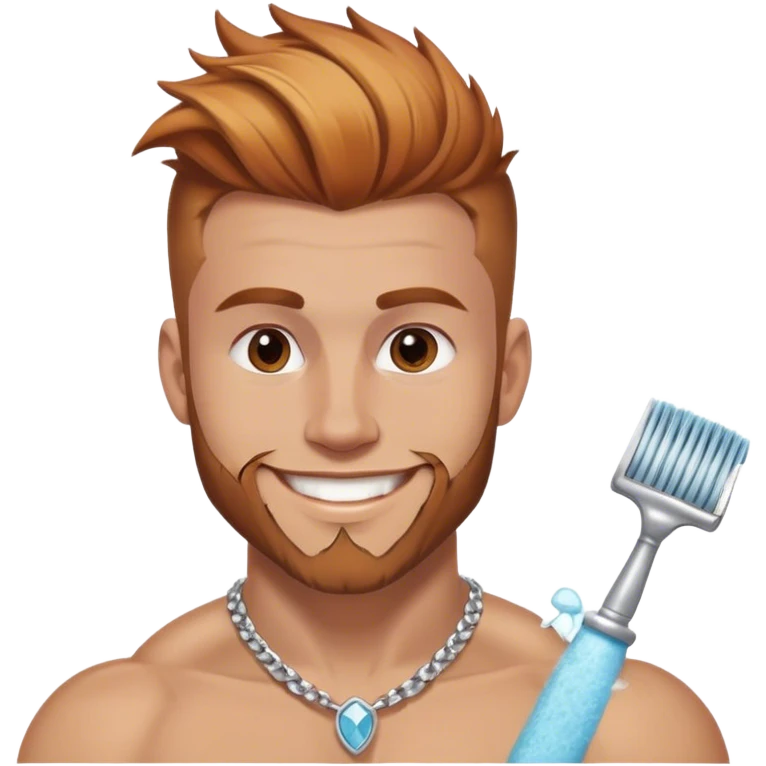 smiling muscular 28 year old man with silver jewelry, light brown hair that has and reddish blond  highlights, and a fauxhawk with trimmed beard cleaning emoji