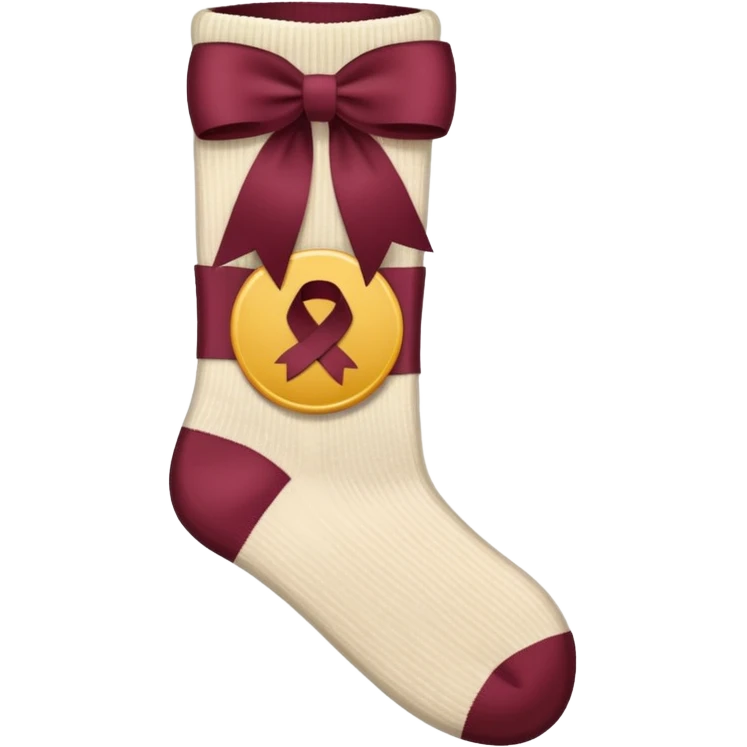 beige socks with a large burgundy ribbon emoji