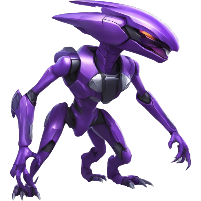 a shiny purpleGenesect-Raptor-Fakémon—hybrid with a futuristic visor-helmet full body emoji
